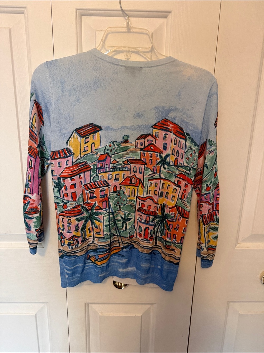 Talbots Sz XS Light Blue Multi-Color Scenic Print Cardigan B928 - Picture 3 of 6